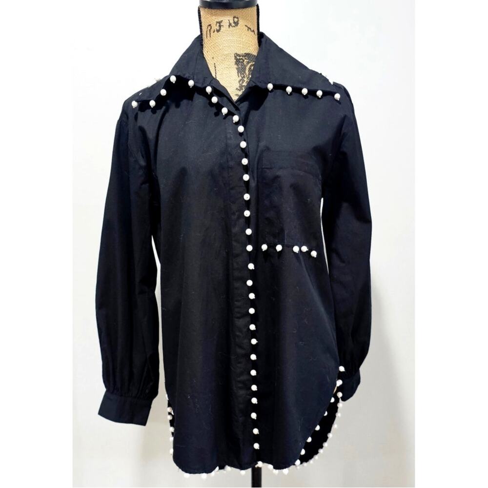 Me Me Me Black Studded Trim Button Down Tunic Shirt Anthropologie, Sz S - Picture 2 of 13